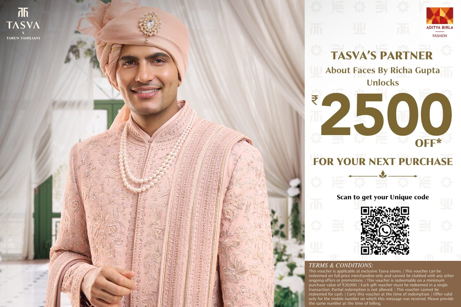 Tasva partner About Faces by Richa Gupta offer: ₹2,500 off eligible purchases; QR code and full voucher terms